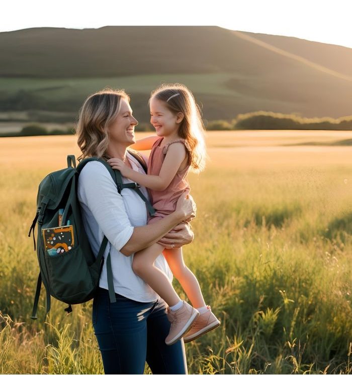 Prairie Heights - mom holding daughter in field